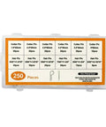 Clear box of 250 Piece Cotter Pin And Hairpin Assortment Kit With Zinc Plated Steel Pins And R Clips, labeled with pin sizes.