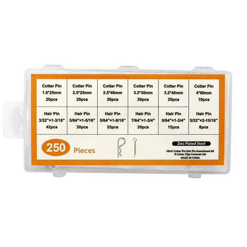Clear box of 250 Piece Cotter Pin And Hairpin Assortment Kit With Zinc Plated Steel Pins And R Clips, labeled with pin sizes.