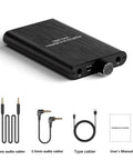 High Power USB-C Headphone Amplifier For 16 To 600 Ohm Headphones, Type-C and 3.5mm AUX cables and manual visible
