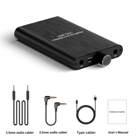 High Power USB-C Headphone Amplifier For 16 To 600 Ohm Headphones, Type-C and 3.5mm AUX cables and manual visible