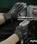 Person wearing Multi Purpose Light Duty Work Gloves With Palm Coating For Metal Fabrication Machinery And Automotive Jobs Durable PU Palm Grips Like A Pro ANSI EN Abrasion Resistant Size 8 Black Pack Of 12 while working on machinery.