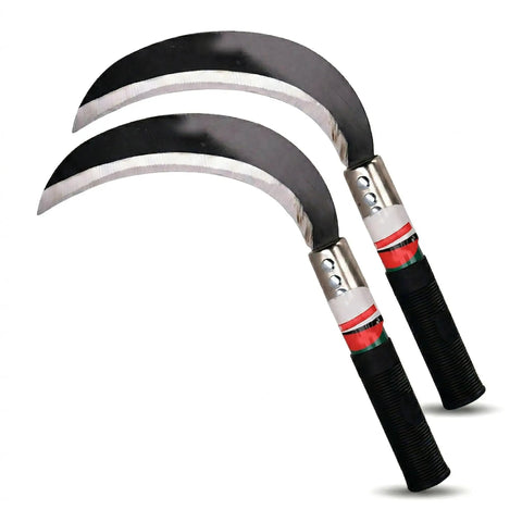 Two Piece Hand Sickle Garden Tool Set No Nonsense Heavy Duty Manganese Steel Weed Cutter, Grass Hook Weeding Scythe, Japanese Style