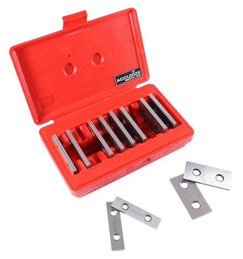 Pro Grade One Eighth Inch Thick Precision Parallel Sets, Ten Pairs, Three Inch Length, Hardened Alloy Steel, Two Holes In Each Parallel, Size Range From One Half To One And Five Eighths Inch, High Accuracy Plus Or Minus 0.0002 Inch Parallelism, shown in red case.