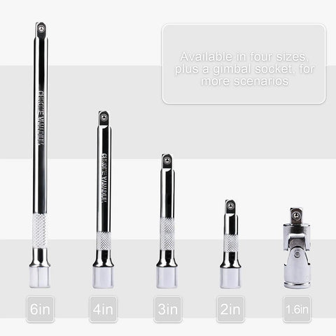 Five Piece Quarter Inch Drive Extension Bar Set With Four Extensions 2 Inch 3 Inch 4 Inch 6 Inch Plus Universal Joint Socket