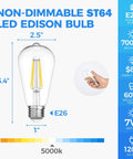 Specifications of Vintage Edison LED Bulbs ST64 60W Equivalent Daylight 5000K E26 E27 Base Non Dim CRI 90