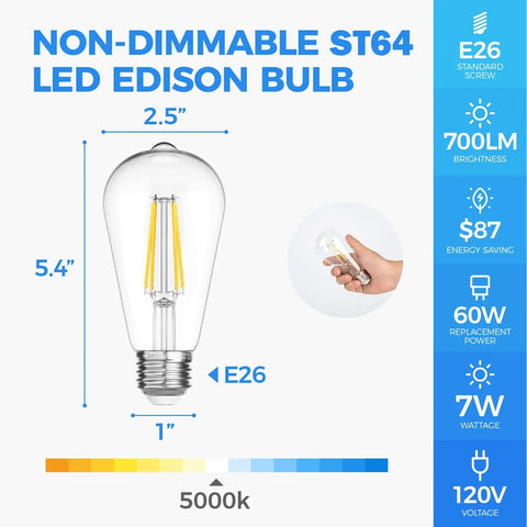 Specifications of Vintage Edison LED Bulbs ST64 60W Equivalent Daylight 5000K E26 E27 Base Non Dim CRI 90