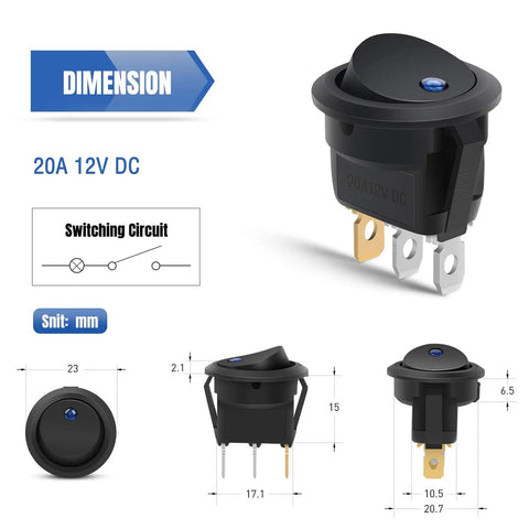 Round LED Toggle Switch 12V Car Truck Rocker On Off Control with 2 Pole SPST Design, 20A DC Circuit, multicolor LED indicator