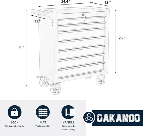 Diagram of 7-Drawer Rolling Tool Chest With Locking System, dimensions and key features displayed, alloy steel cabinet on wheels.