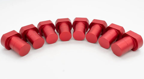 8 Pack 3/4 Inch Lightweight Aluminum Bench Dogs Non Slip Woodworking Clamp Set For Dog Holes Red displayed in a row.