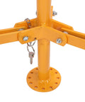 Close-up of Built Tough Heavy Duty Fence Wire Dispenser for High Tension Systems with secure bolts and floor mount.