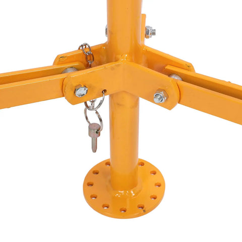 Close-up of Built Tough Heavy Duty Fence Wire Dispenser for High Tension Systems with secure bolts and floor mount.