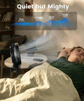 Clip On Fan 40000mAh Portable Rechargeable 8 Inch Battery Operated Fan With LED Light Remote Timers Up to 127 Hours Battery Life and Hook for Office Desk Camping Treadmill Tent Golf Cart. Image shows fan cooling a sleeping person in a dimly lit room with a noise level chart.