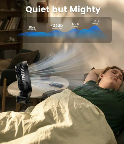 Clip On 8 Inch Portable Fan With 20000mAh Battery beside sleeping person demonstrating quiet airflow