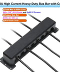 Top Shelf Heavy Duty Copper Battery Bus Bar Rated 600 Amp With Eight Three Eighth Posts And Flame Retardant Housing, close-up showing connections.