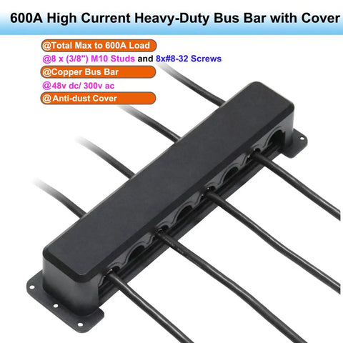 Top Shelf Heavy Duty Copper Battery Bus Bar Rated 600 Amp With Eight Three Eighth Posts And Flame Retardant Housing, close-up showing connections.
