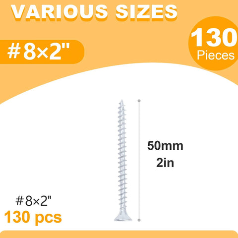 Number 8 By 2 Inch Wood Screws Set For Wood And Drywall Phillips Flat Head SelfTapping Screws 130 Pieces image showing screw size