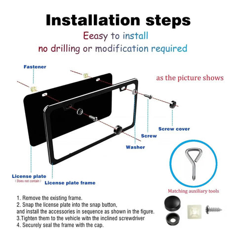 Installation steps for Premium Black Aluminum License Plate Frame Set 2 Pack 4 Hole No Fuss Metal Build Waterproof Anti Corrosion Matte Finish Includes Screw Caps Cover Easy Install Fits Range Rover and Most Vehicles, showing no drilling or modification required.