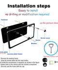 Installation steps for Two Pack Black Aluminum License Plate Frames With Matte Finish For BMW, including tools and hardware.