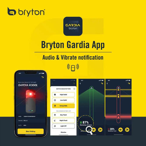Gardia R300L Cycling Radar app interface with audio alerts and settings displayed on phone screen
