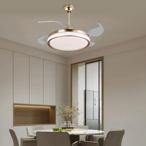 Ceiling Fan Light with Dimmable for Bedroom Living Room Kitchen Modern Gold in a sleek modern kitchen setting.