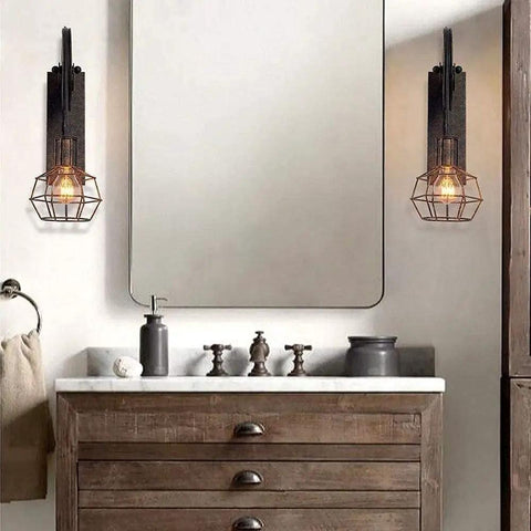 Set Of Two Retro Industrial Pulley Wall Lamps Crafted From Heavy Duty Vintage Metal With A Weathered Rustic Finish perfect E27 socket compatibility used in a modern bathroom setting.