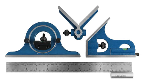 12 Inch Combination Square Ruler Set With Protractor Satin Finish, 4R Graduation, 4 Piece Layout Gauge Built For Handy Heights, Depths, And Angles In The Shop Or DIY Projects
