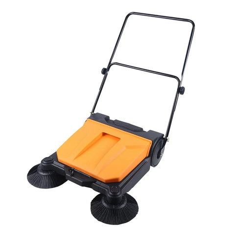 Heavy Duty 26 Inch Industrial Floor Twin Sweeper Walk Behind Push Broom Cleaner For Outdoor Pavement Warehouse Garage With Efficient Nylon Brush Heads And Wide Sweeping Path For Quick Daily Cleanup