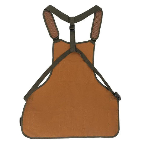 Back view of Heavy Duty Canvas Tool Bag For Men With 16 Pockets, Padded Adjustable Shoulder Straps, Quick Release Belt, Brown color