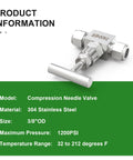 TAISHER compression needle valve, 304 stainless steel, 3/8 in. OD tubing, high-pressure