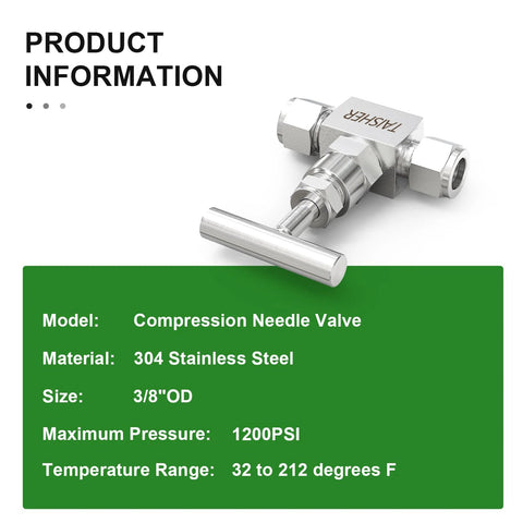 TAISHER compression needle valve, 304 stainless steel, 3/8 in. OD tubing, high-pressure