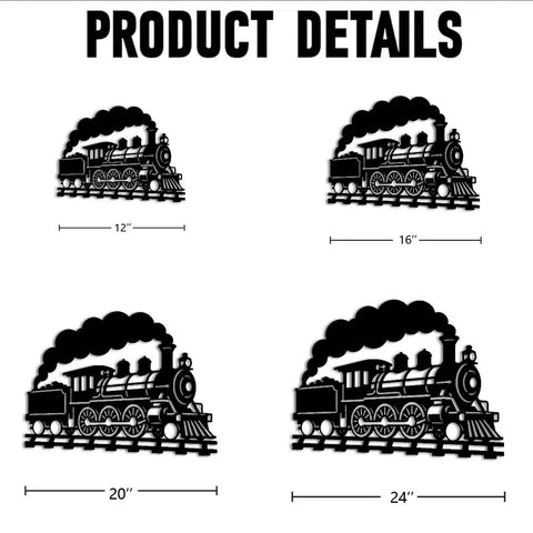 Dope Steam Locomotive Metal Wall Art For Living Room And Office Black 16 Inch shown with other size options, whimsical vintage design.