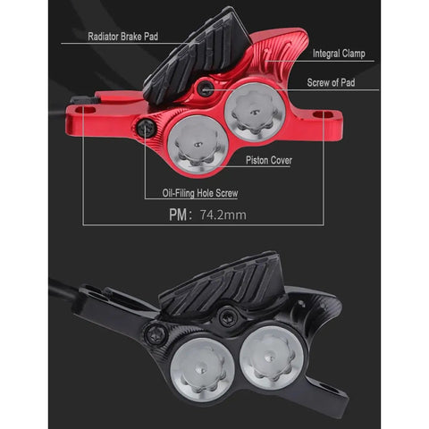 Close-up of Heavy Duty Hydraulic Disc Brakes For Mountain Bikes with black and red four-piston calipers and oil-filling screw.