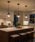 Karjera Black Pendant Lights Kitchen Island, Ribbed Concrete Hanging Light over a modern kitchen island with grey shades.