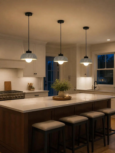 Karjera Black Pendant Lights Kitchen Island, Ribbed Concrete Hanging Light over a modern kitchen island with grey shades.