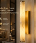 Top Shelf Alabaster Wall Sconces Set of 2, 24 Inch Spanish Marble Lights, 3 Color Changing Brass Gold Hardwired LED Wall Fixtures showcasing solid brass finish.