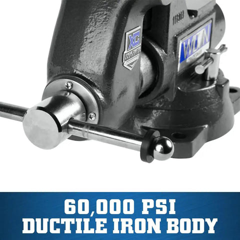 Beefy Pro Grade Tradesman XC Bench Vise With Six And A Half Inch Jaw Width, Six Inch Opening, Four Inch Throat, 360 Degree Swivel Base With Double Lockdowns, 60,000 PSI Ductile Iron Body For Lifetime Smooth Operation, Enclosed Design Keeps Lubrication. close-up of swivel base and handle