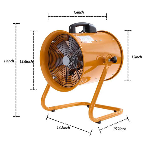 12 Inch Industrial Portable Air Blower Ventilator with 3300 RPM Heavy Duty Exhaust Fan, orange metallic design, side view.