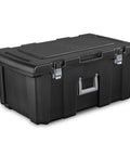 Flex Your Storage Game With Heavy Duty Plastic Footlocker Rolling Bin With Wheels And Handle, Stackable Tote Featuring Secure Latching Lid For Basements Dorms And Shared Spaces, Smooth Operator Hauler Chest In Black, black plastic storage bin with wheels and latch.