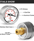 AetralYB mini vacuum pressure gauge, stainless steel housing, brass internals, 1.2in dial, back-mount 1/8in NPT