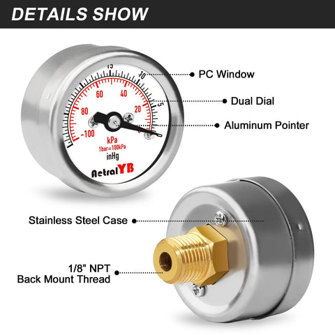 AetralYB mini vacuum pressure gauge, stainless steel housing, brass internals, 1.2in dial, back-mount 1/8in NPT