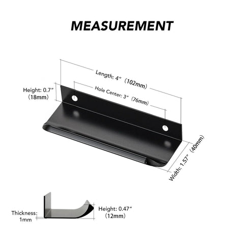 Diagram showing measurements of 10 Pack Finger Edge Pulls For Cabinets With 76mm Hole Center And 102mm Overall Length Matte Black Concealed Handles.