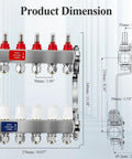 Dimensions of 5-Loop PEX Radiant Manifold For Hydronic Floor Heating, Stainless Steel, with 1/2 Inch Outlets and Connectors