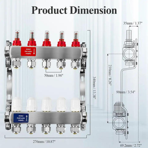 Dimensions of 5-Loop PEX Radiant Manifold For Hydronic Floor Heating, Stainless Steel, with 1/2 Inch Outlets and Connectors
