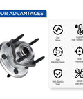 512302 Rear Wheel Hub Bearing Assembly For Jeep Commander 2006-2010 And Grand Cherokee 2005-2010, shown with benefits icons.