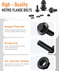 Black Metric Flange Bolt Assortment Kit With Nuts And Washers, M6x1.0 M8x1.25 M10x1.5, hexagonal head, serrations for grip.