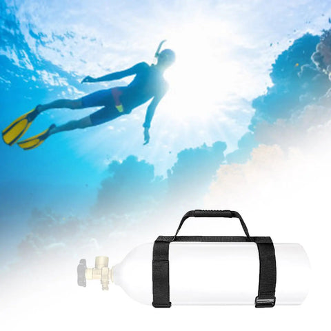Diving Tanks Carriers Adjustable Holder Air Cylinder Strap with ergonomic handle and scuba diver in the background.