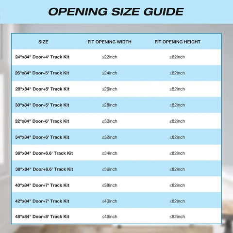 Opening size guide for sliding glass barn door track kits, detailing width and height fitting measurements.