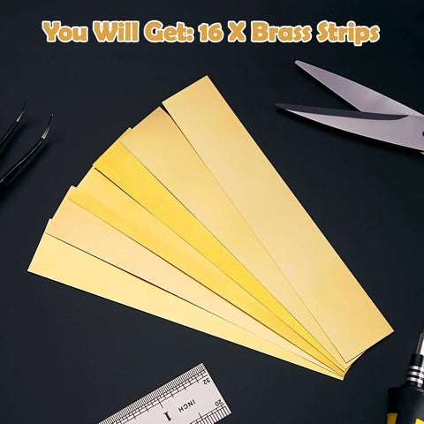 Brass Shim Stock Assortment Set For DIY Pros, 16 brass strips in varying thicknesses, shown with scissors and measuring tool