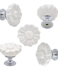 Top Shelf Vintage Floral Daisy Ceramic Drawer Pulls And Cabinet Knob Sets Include Matching Screws Hella Charming White Finish For Dressers Cupboards And Kitchen Cabinets Straight Upgrade Your Home Decor Game - set of six white ceramic knobs with chrome bases.