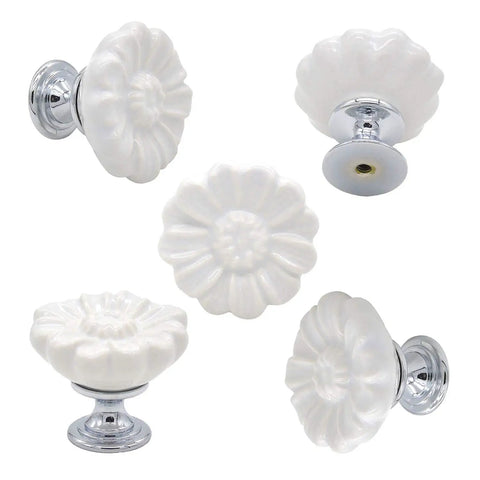 Top Shelf Vintage Floral Daisy Ceramic Drawer Pulls And Cabinet Knob Sets Include Matching Screws Hella Charming White Finish For Dressers Cupboards And Kitchen Cabinets Straight Upgrade Your Home Decor Game - set of six white ceramic knobs with chrome bases.